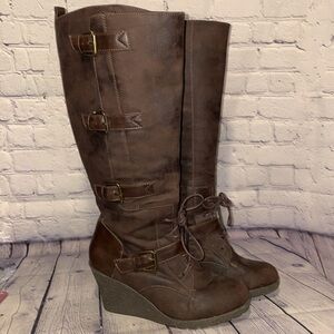 Rampage Tall Brown wedge boots with buckle design Sz 10M